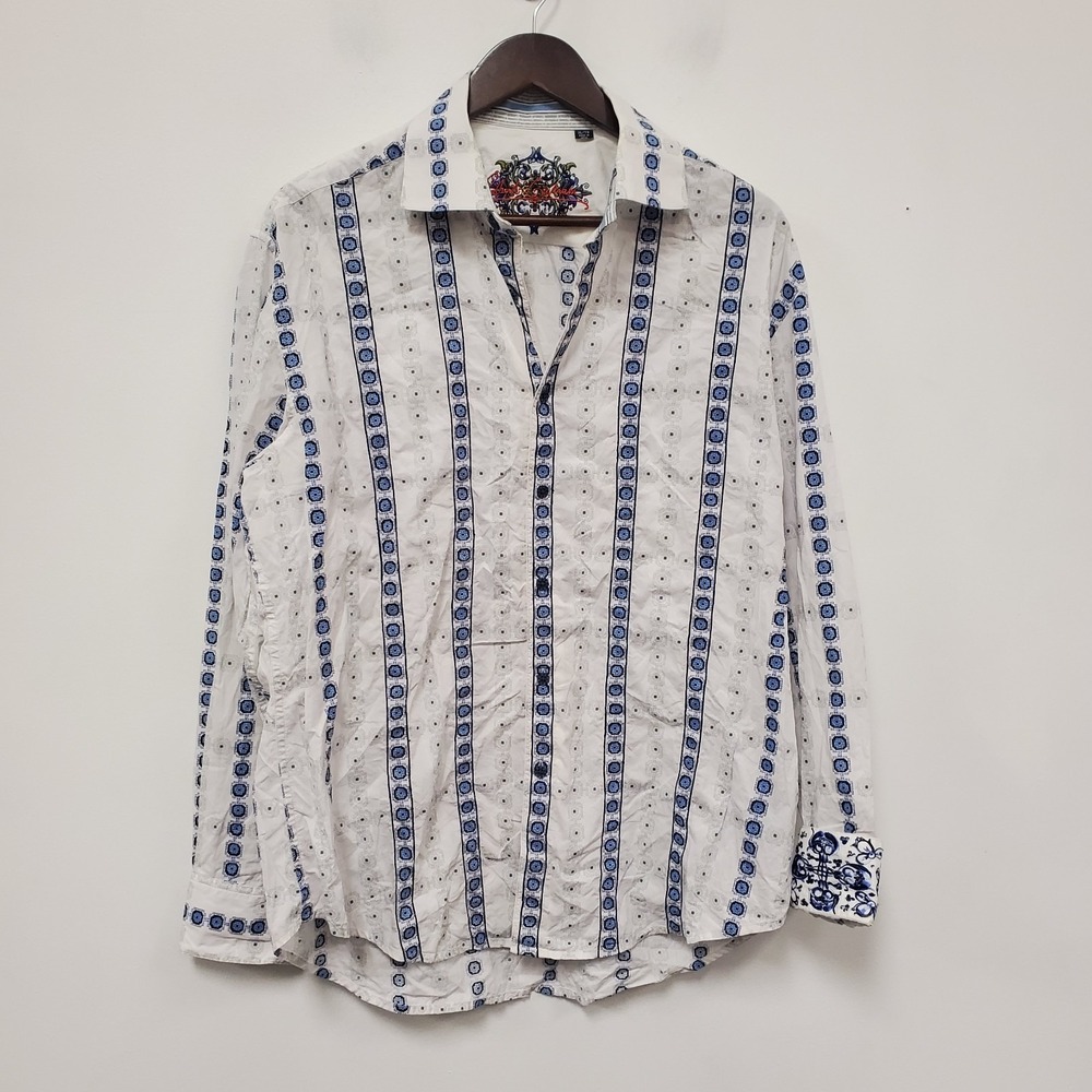 Robert Graham Mens Contrast Cuff Shirt Size XL Rockabilly Dress Blue Stripe